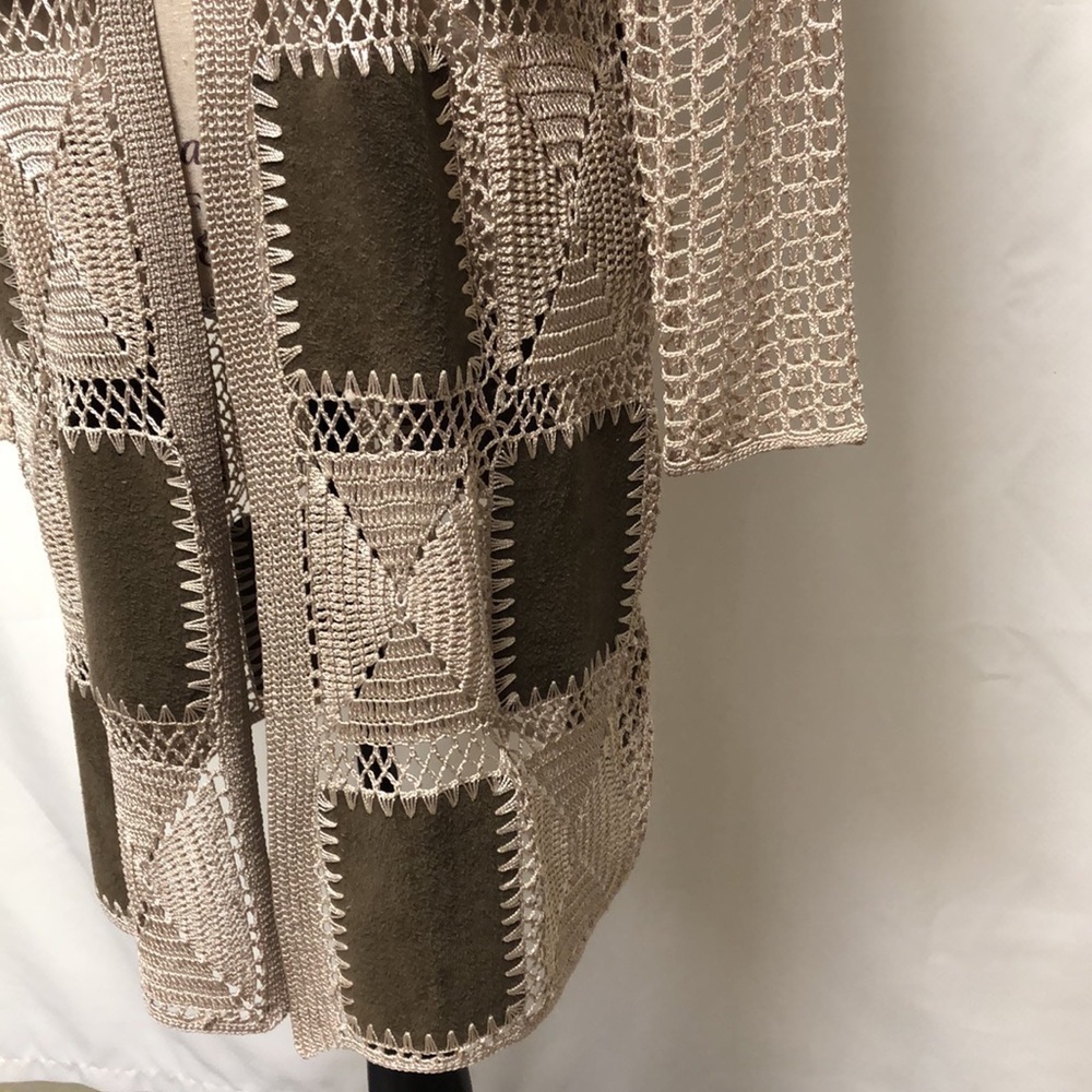 Chico’s faux suede patchwork crocheted cardigan. - Picture 4 of 12